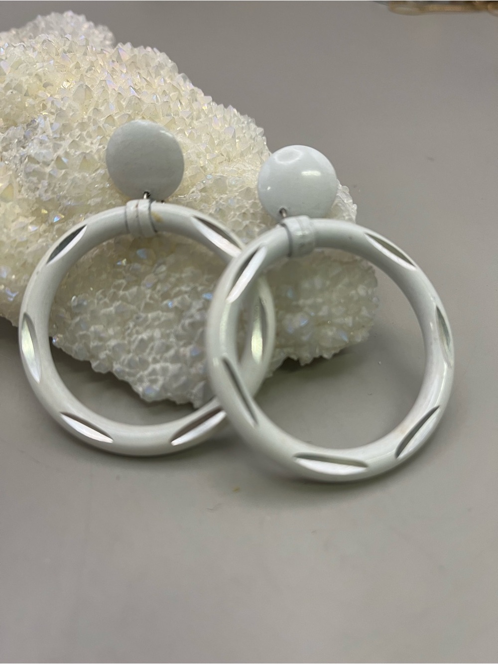 Vintage 80s White Enamel Large Hoop Dangle Earrings | Retro Statement Pierced